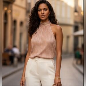 Anthropologie Vickie Metallic Pleated High Neck Sleeveless Top XS Pink Rose Gold